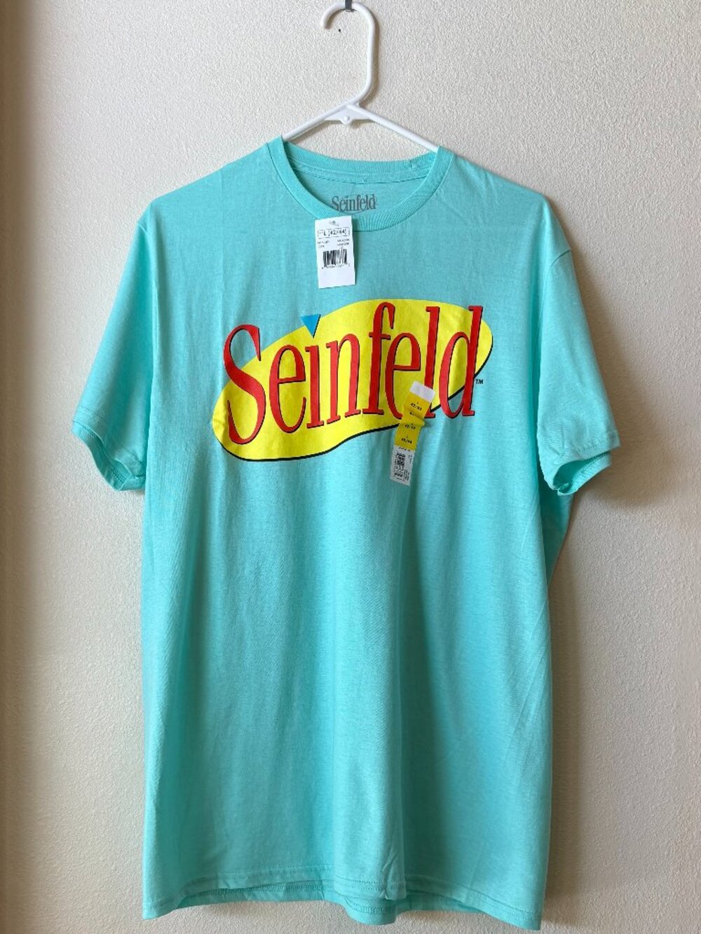 NWT Seinfeld Logo Graphic Tee Red Yellow Title Screen Show Emblem Green Blue L